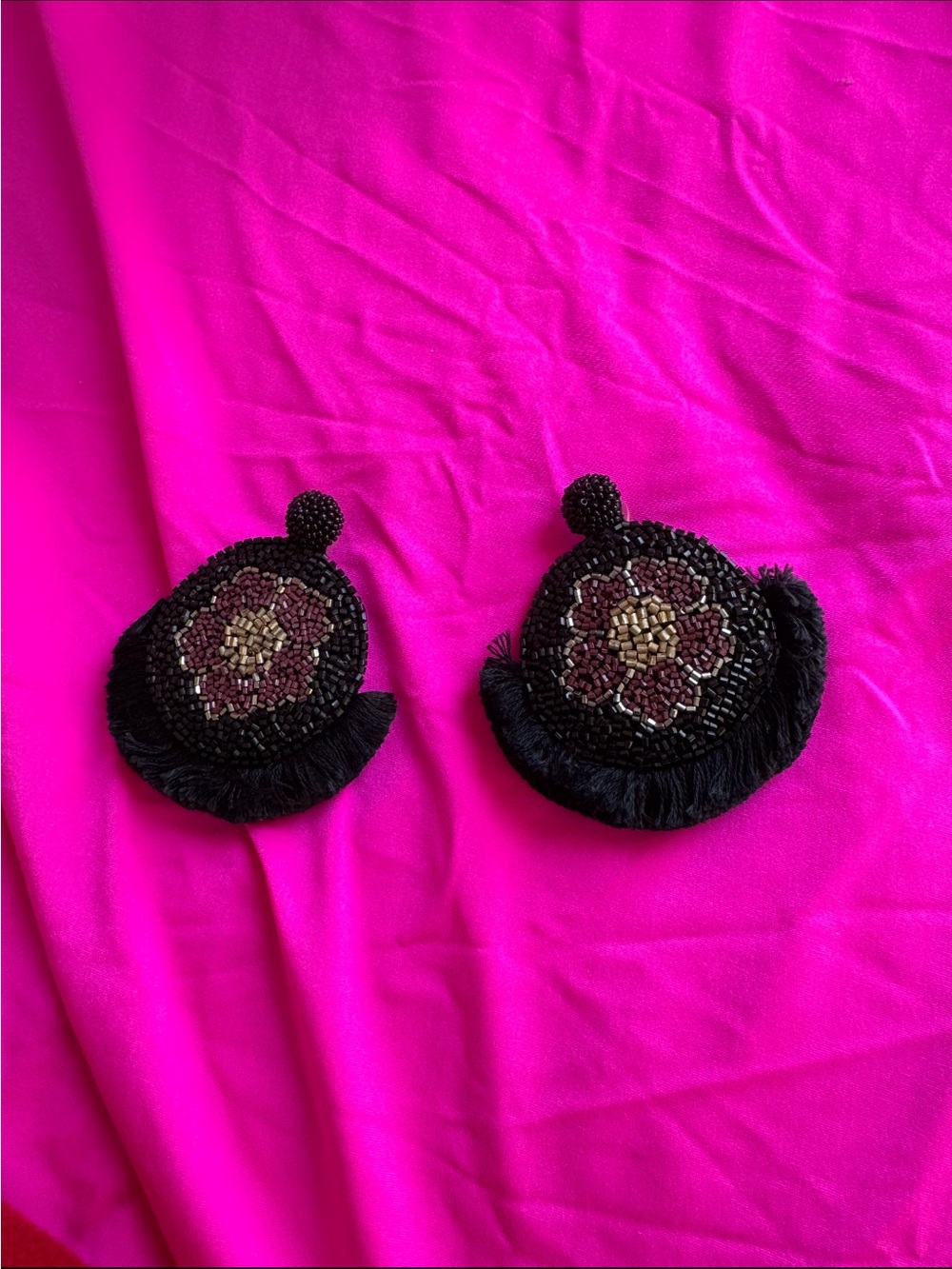 Free People Black Beaded Floral Fringe Drop Earrings